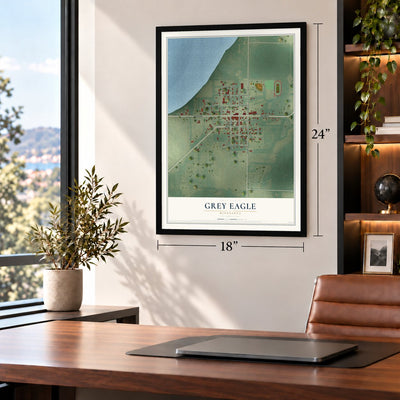 Grey Eagle, Minnesota map, 18 x 24 inch print in a black frame in a home office