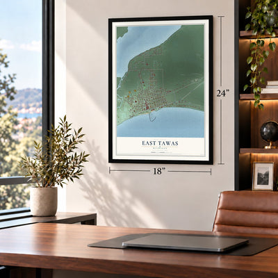 East Tawas, Michigan map, 18 x 24 inch print in a black frame in a home office