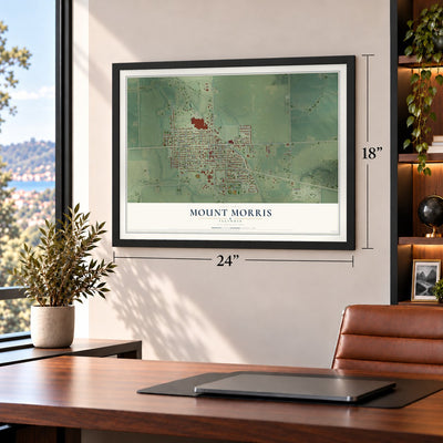 Mount Morris, Illinois map, 18 x 24 inch print in a black frame in a home office