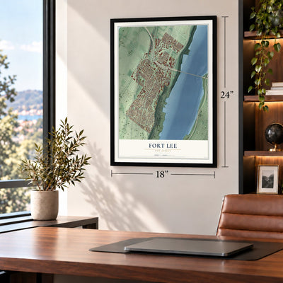 Fort Lee, New Jersey map, 18 x 24 inch print in a black frame in a home office