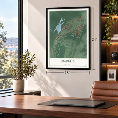 Helmetta, New Jersey map, 18 x 24 inch print in a black frame in a home office
