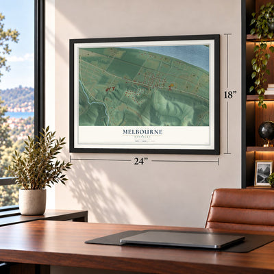 Melbourne, Kentucky map, 18 x 24 inch print in a black frame in a home office