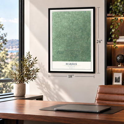 Harris, Michigan map, 18 x 24 inch print in a black frame in a home office