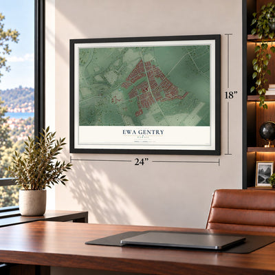Ewa Gentry, Hawaii map, 18 x 24 inch print in a black frame in a home office