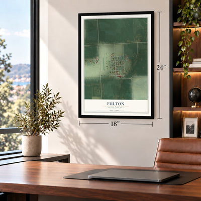 Fulton, South Dakota map, 18 x 24 inch print in a black frame in a home office