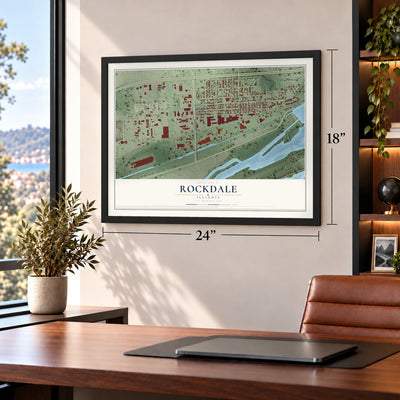 Rockdale, Illinois map, 18 x 24 inch print in a black frame in a home office