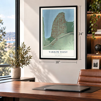 Yarrow Point, Washington map, 18 x 24 inch print in a black frame in a home office
