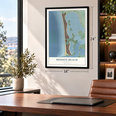 Mission Beach, California map, 18 x 24 inch print in a black frame in a home office