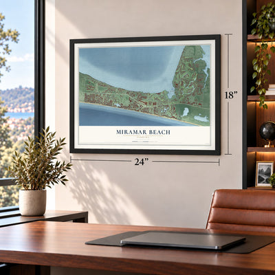 Miramar Beach, Florida map, 18 x 24 inch print in a black frame in a home office