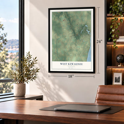 West Kewaunee, Wisconsin map, 18 x 24 inch print in a black frame in a home office