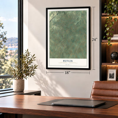 Butler, Adams County, Pennsylvania map, 18 x 24 inch print in a black frame in a home office
