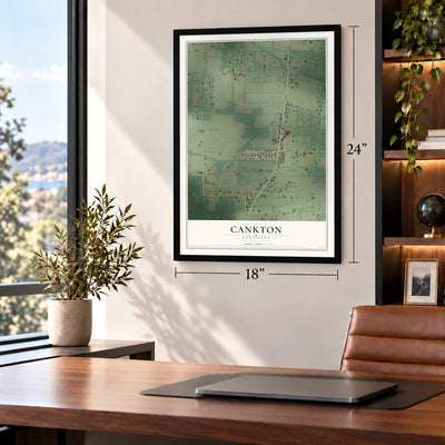 Cankton, Louisiana map, 18 x 24 inch print in a black frame in a home office