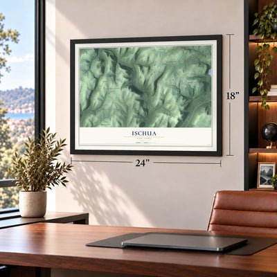 Ischua, New York map, 18 x 24 inch print in a black frame in a home office