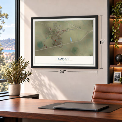 Roscoe, Texas map, 18 x 24 inch print in a black frame in a home office