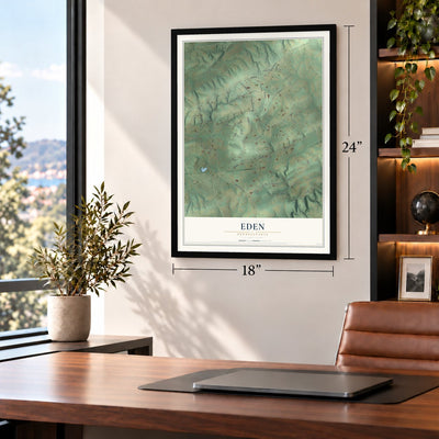 Eden, Pennsylvania map, 18 x 24 inch print in a black frame in a home office