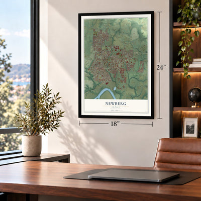Newberg, Oregon map, 18 x 24 inch print in a black frame in a home office