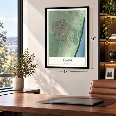 Tenafly, New Jersey map, 18 x 24 inch print in a black frame in a home office