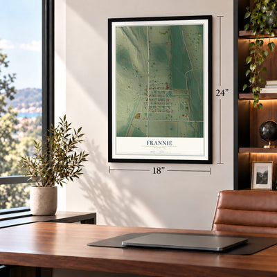 Frannie, Wyoming map, 18 x 24 inch print in a black frame in a home office