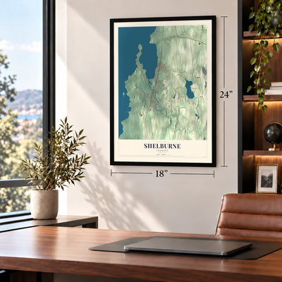 Shelburne, Vermont map, 18 x 24 inch print in a black frame in a home office