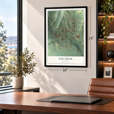 Oak Creek, Colorado map, 18 x 24 inch print in a black frame in a home office