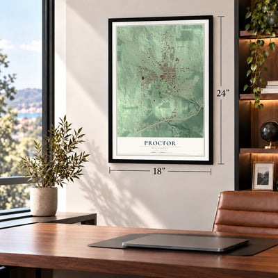 Proctor, Minnesota map, 18 x 24 inch print in a black frame in a home office