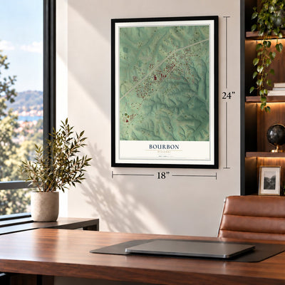 Bourbon, Missouri map, 18 x 24 inch print in a black frame in a home office