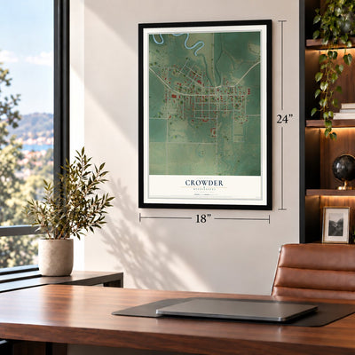 Crowder, Mississippi map, 18 x 24 inch print in a black frame in a home office
