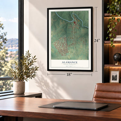 Alamance, North Carolina map, 18 x 24 inch print in a black frame in a home office