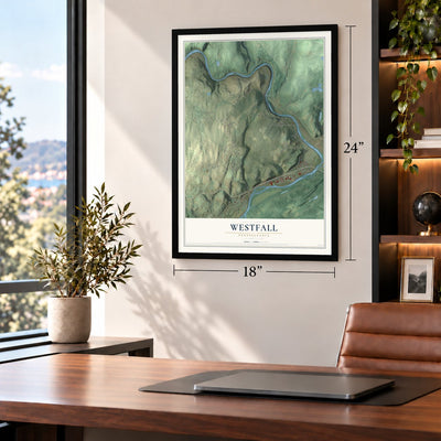 Westfall, Pennsylvania map, 18 x 24 inch print in a black frame in a home office