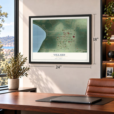 Villard, Minnesota map, 18 x 24 inch print in a black frame in a home office