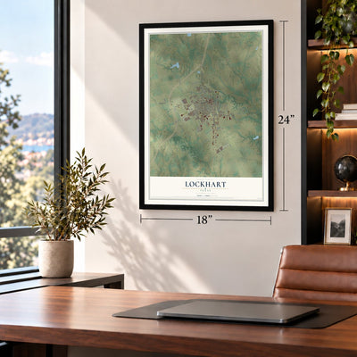 Lockhart, Texas map, 18 x 24 inch print in a black frame in a home office