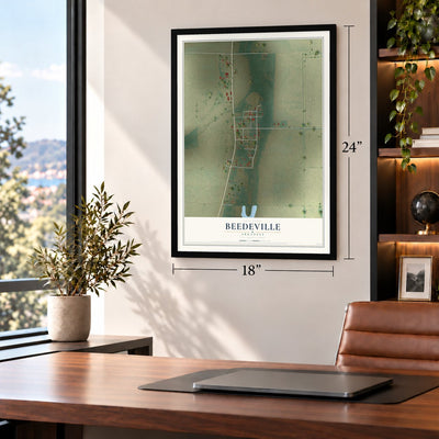 Beedeville, Arkansas map, 18 x 24 inch print in a black frame in a home office