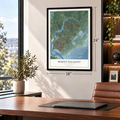 Mount Pleasant, South Carolina map, 18 x 24 inch print in a black frame in a home office