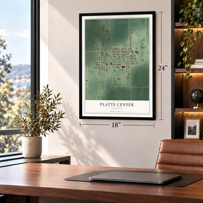 Platte Center, Nebraska map, 18 x 24 inch print in a black frame in a home office