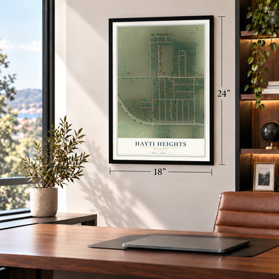 Hayti Heights, Missouri map, 18 x 24 inch print in a black frame in a home office