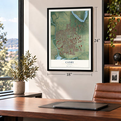 Canby, Oregon map, 18 x 24 inch print in a black frame in a home office
