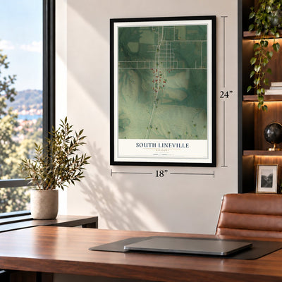South Lineville, Missouri map, 18 x 24 inch print in a black frame in a home office