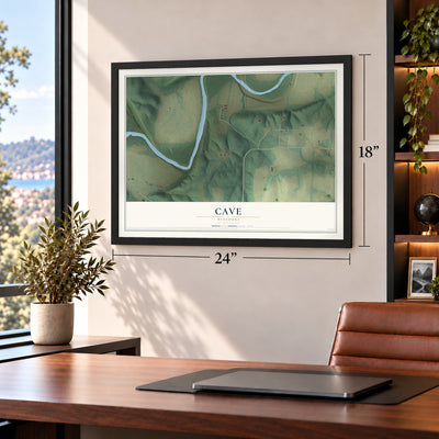 Cave, Missouri map, 18 x 24 inch print in a black frame in a home office