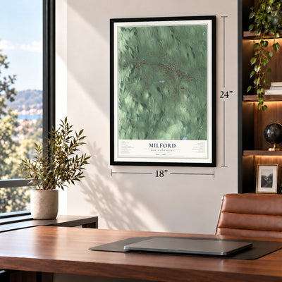 Milford, New Hampshire map, 18 x 24 inch print in a black frame in a home office