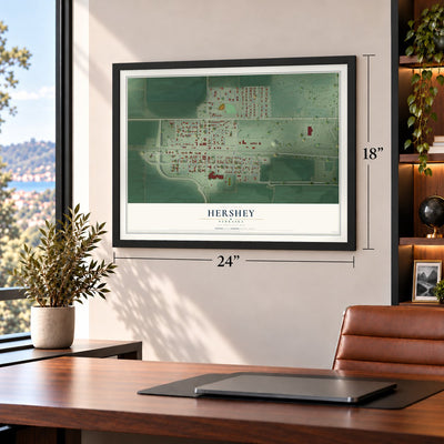 Hershey, Nebraska map, 18 x 24 inch print in a black frame in a home office