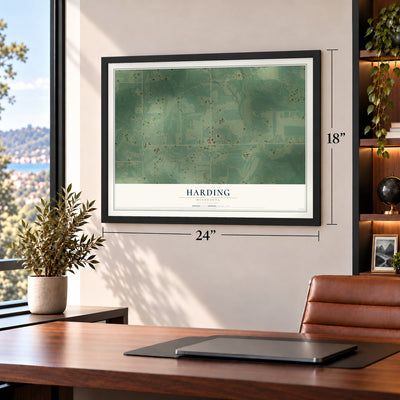 Harding, Minnesota map, 18 x 24 inch print in a black frame in a home office
