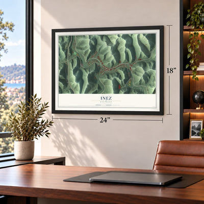 Inez, Kentucky map, 18 x 24 inch print in a black frame in a home office