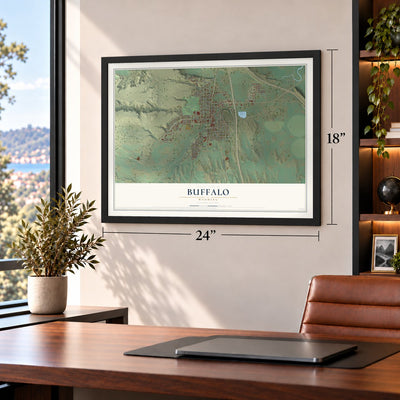 Buffalo, Wyoming map, 18 x 24 inch print in a black frame in a home office