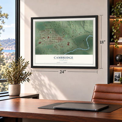 Cambridge, Nebraska map, 18 x 24 inch print in a black frame in a home office