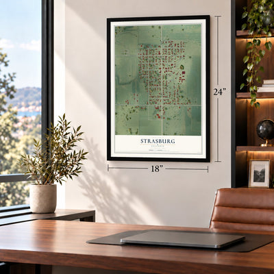 Strasburg, Illinois map, 18 x 24 inch print in a black frame in a home office