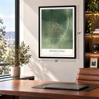 Hanley Falls, Minnesota map, 18 x 24 inch print in a black frame in a home office