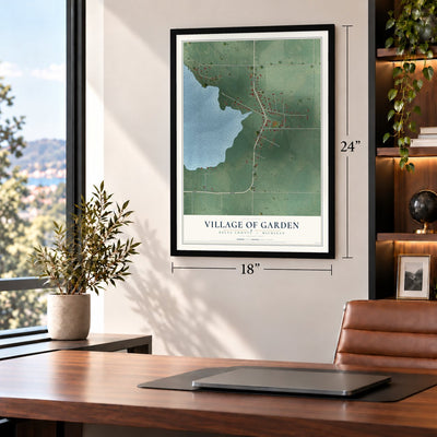 Garden, Michigan map, 18 x 24 inch print in a black frame in a home office