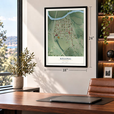 Kellogg, Minnesota map, 18 x 24 inch print in a black frame in a home office