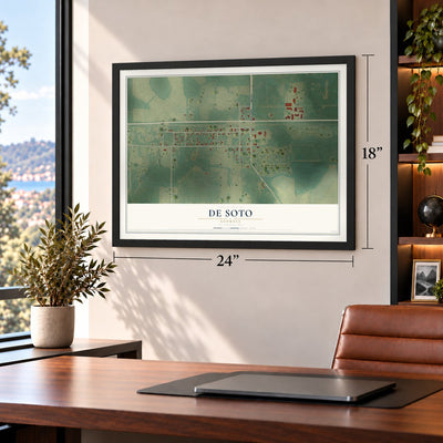 De Soto, Georgia map, 18 x 24 inch print in a black frame in a home office