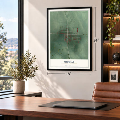 Midway, Ohio map, 18 x 24 inch print in a black frame in a home office